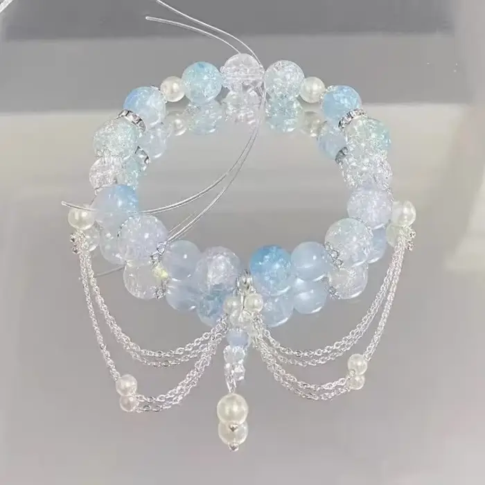Bracelets en perles de cristal de verre bleu clair pour femme