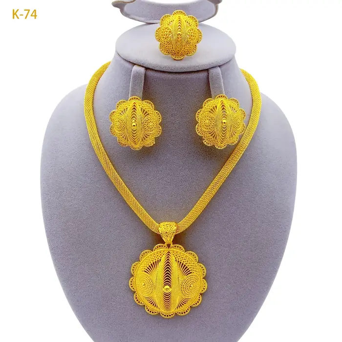 Ensemble de bijoux de luxe couleur or 24 carats pour femmes, collier et boucles d'oreilles de mariée