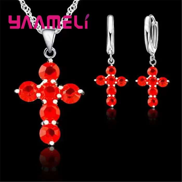Ensemble de bijoux en argent sterling serti de zircone cubique croix collier et boucles d'oreilles pour mariage fiançailles anniversaire fête