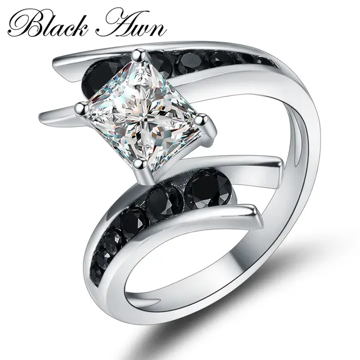 Beaux bijoux 100% véritable 925 en argent Sterling rangée de pierres noires bagues de fiançailles