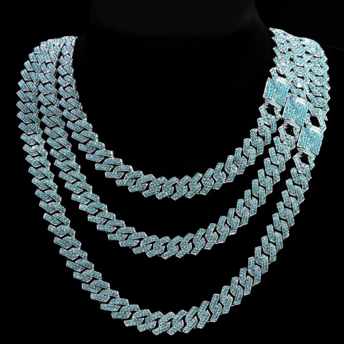 Collier chaîne cubaine pour hommes et femmes, chaîne à maillons sertie de strass bleus, bijoux hip-hop bling-bling