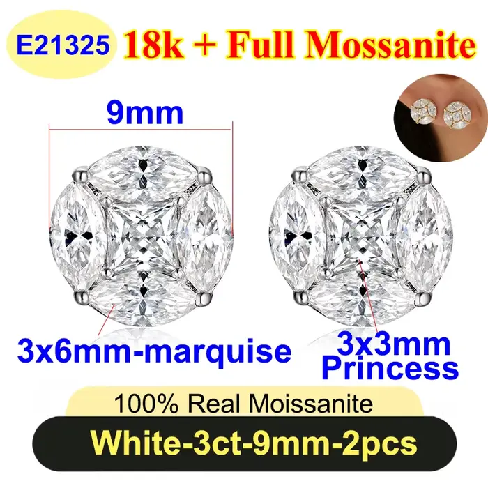 PureNew – boucles d'oreilles en Moissanite pour femmes, coupe princesse, plaqué argent S925, or 18 c