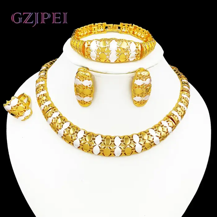 GZJPEI haute qualité grand ensemble de bijoux plaqué or 18 carats deux tons collier Bracelet ensembl