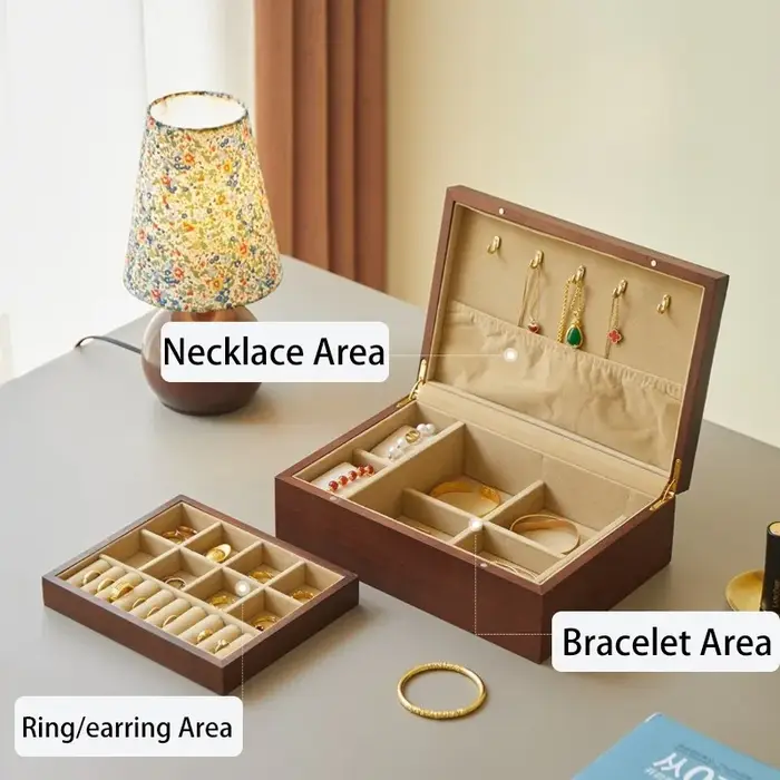 Boîte à bijoux en bois et verre de luxe pour rangement et exposition de colliers bracelets boucles doreilles pour femmes occasions spéciales
