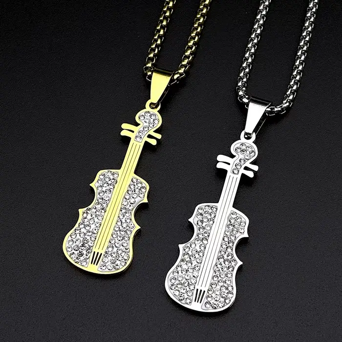 Collier Pendentif Violon Entièrement Orné de Strass pour Femme et Homme, en Acier Inoxydable Doré, Bijou Tendance pour Amateurs de Musique Classique, Cadeau