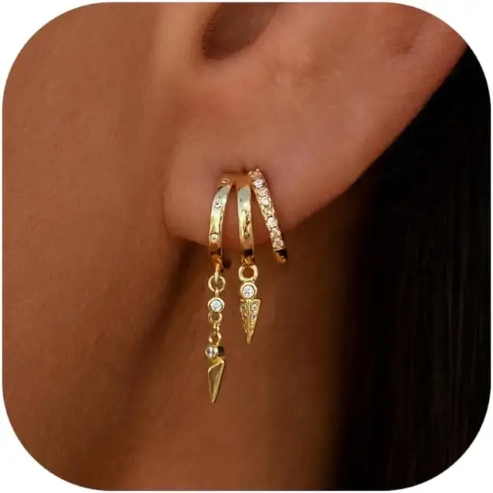 Femmes boucles d'oreilles 14k plaqué or véritable Triple Huggie boucles d'oreilles déclaration chaîn
