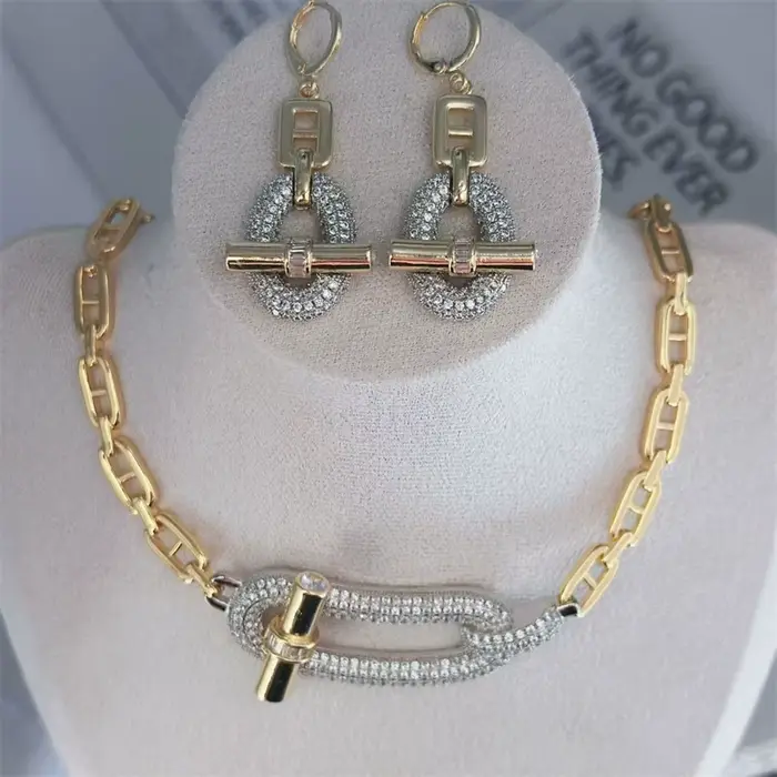 Ensemble de bijoux de luxe en cristal pour femmes, chaîne à clous, boucles d'oreilles, en cuivre plaqué or 18 carats, pour fête, Banquet