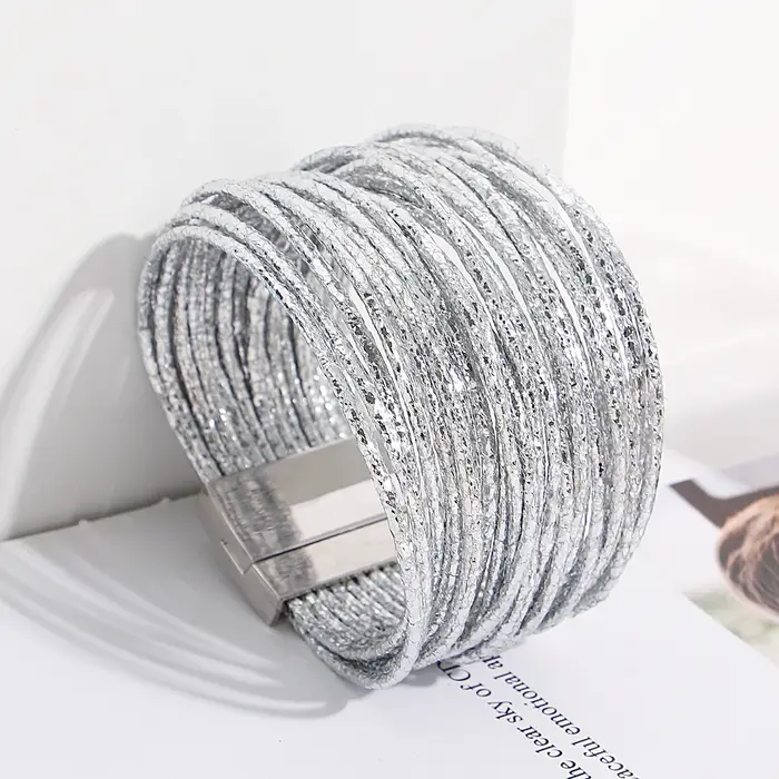 Amorcome Simple couleur mixte brillant Bracelets en cuir pour Femme mode Boho bandes multicouches large Bracelet