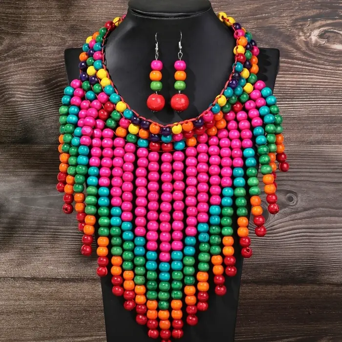 Ensemble de bijoux africains, style bohème vintage, collier bib en perles de bois faites à la main, 