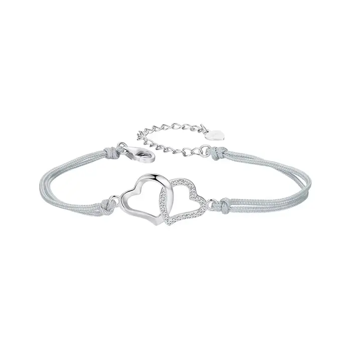 BAMOER Bracelet personnalisé coeur à coeur, bracelet chaîne à maillons en corde grise délicate en ar