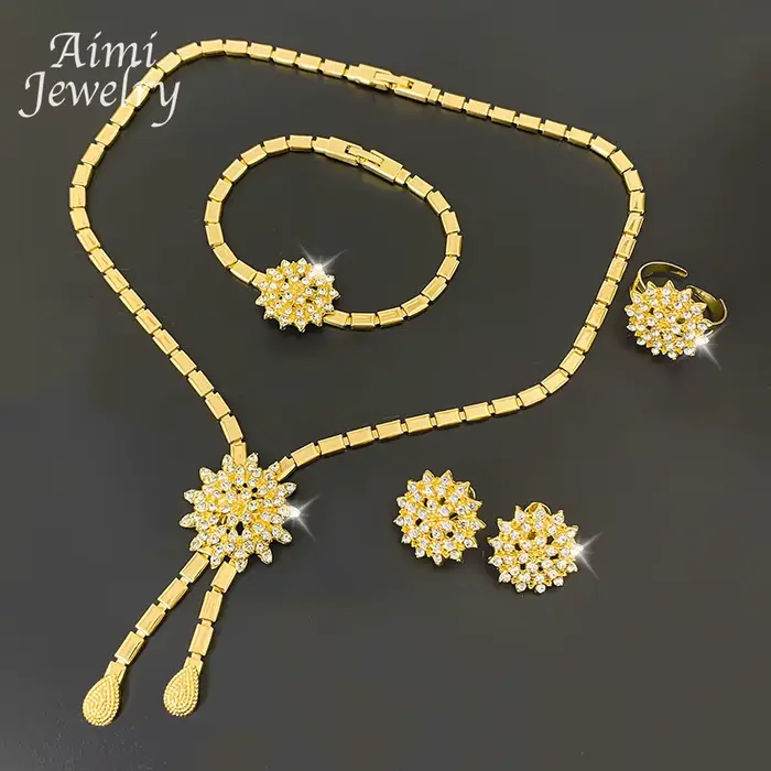 Ensemble de bijoux de luxe plaqué or avec strass brillants pour femmes, collier, boucle d'oreille, Bracelet, bague, bijoux en zircone, cadeaux de fête de mariage