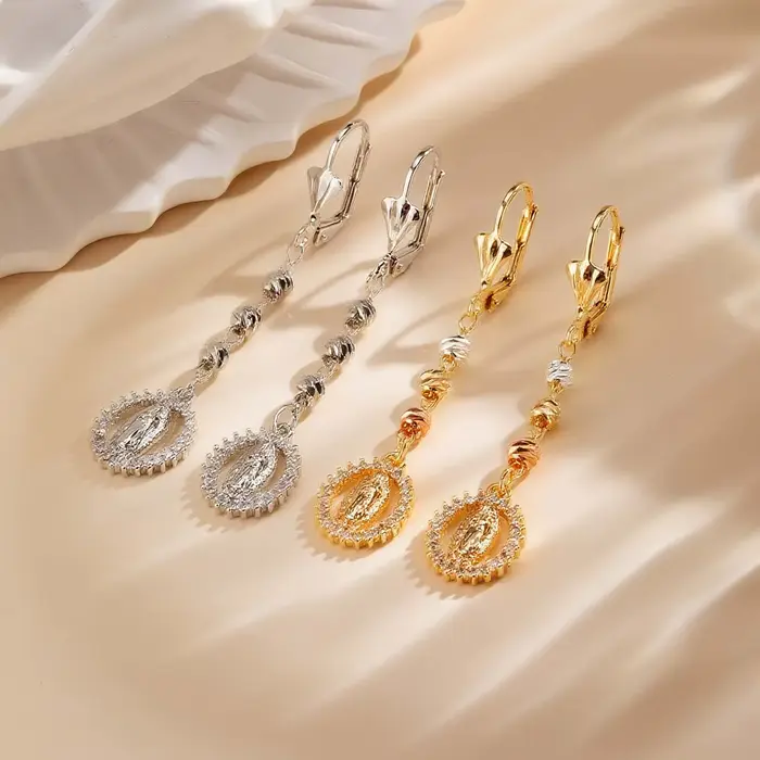 Boucles d'oreilles pendantes vintage religieuses de la vierge marie pour femmes, boucles d'oreilles longues en zircon plaqué or 14 carats, bijoux de prière hypoallergéniques