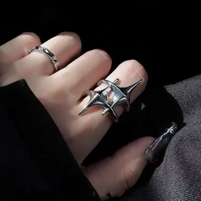 Bague Punk Double Croix Étoile pour Femme et Homme, Hip Hop, Gothique, Argent, Réglable, Ouvert, Y2K, Egirl, ix, Bijoux, Cadeau