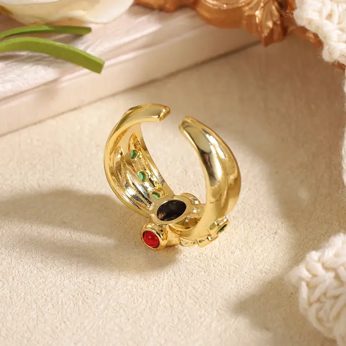 Bague de luxe plaquée or avec pierres précieuses pour femme - Bijou fantaisie incrusté de zircons colorés - Cadeau unique et remarquable