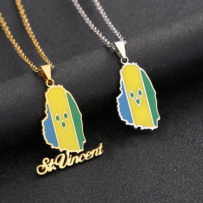 Colliers pendentifs drapeau de la carte de Saint-Vincent-et-les-Grenadines en acier inoxydable