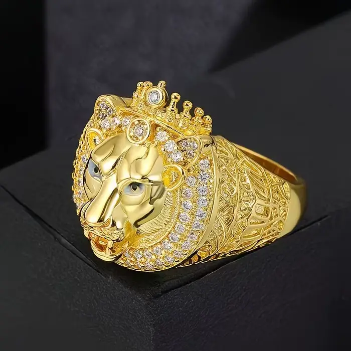 Bague Lion Couronne Hip Hop Or 2026 avec Zirconiums Sertis