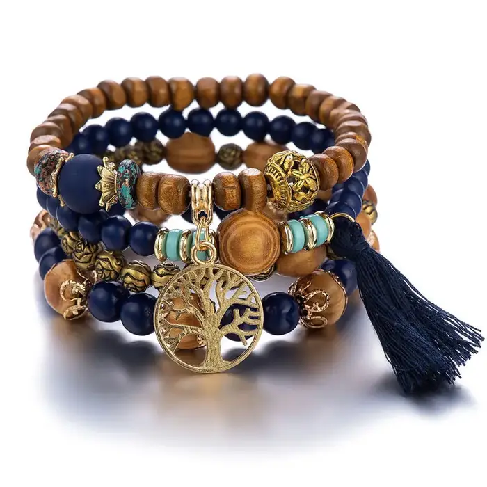 Ensemble de bracelets bohème à pompons noirs pour femmes