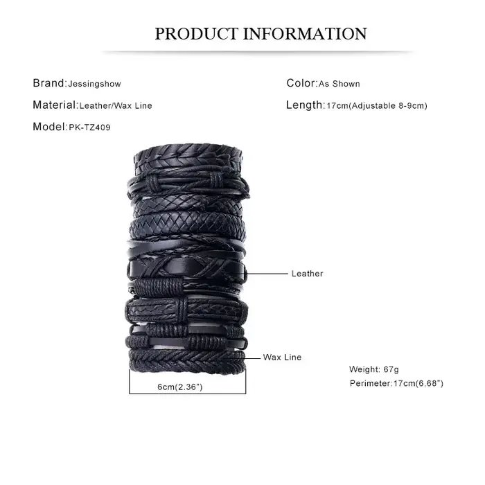 Ensemble de bracelets en cuir noir tressé à la main unisexe