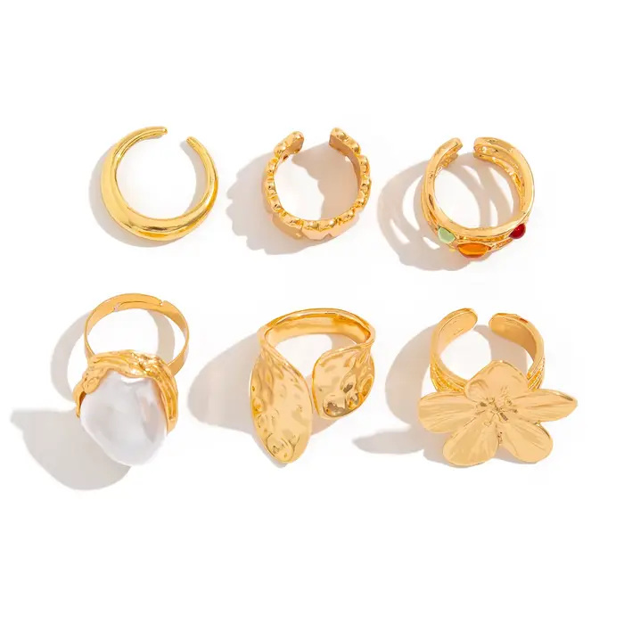 Ingemark 2025 nouveau irrégulier exagéré métal fleur anneaux ouverts femmes élégant Baroque Imitation perle anneau bijoux accessoires