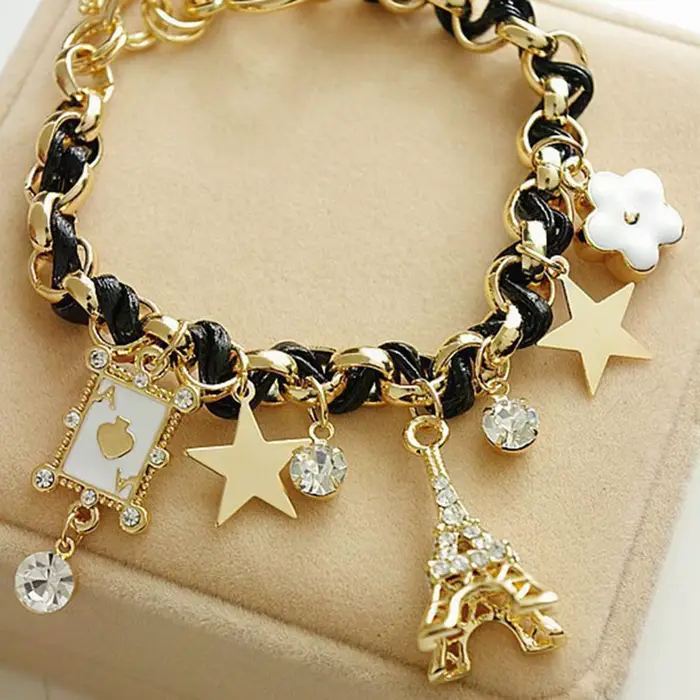 ChimWomen-Bracelet Mignon en Cuir avec Chaîne en Forme de Fleur, Étoile, Cœur, Tour Eiffel, Couronne