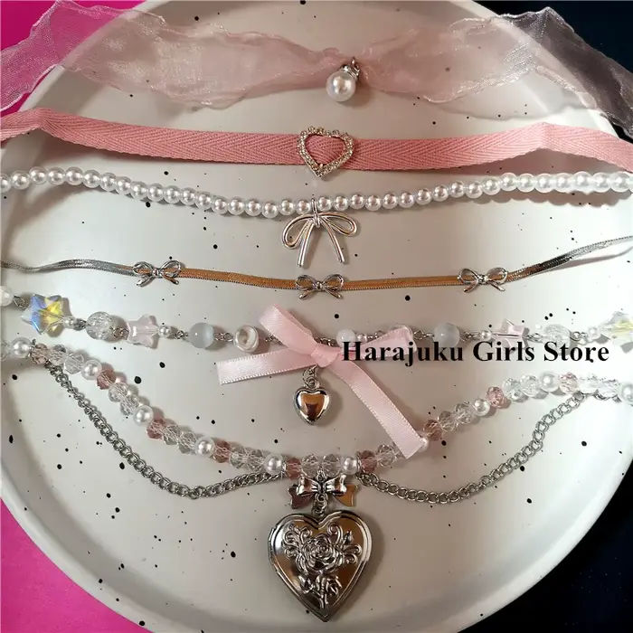Chapelet coeur arc Fairycore perles tour de cou rose dentelle collier Y2K Pixie