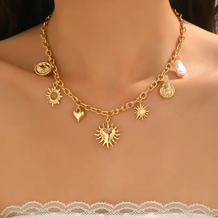 Collier avec pendentif cœur plaqué or pour femme, 8 styles, bohème vintage, soleil et lune, bijou te
