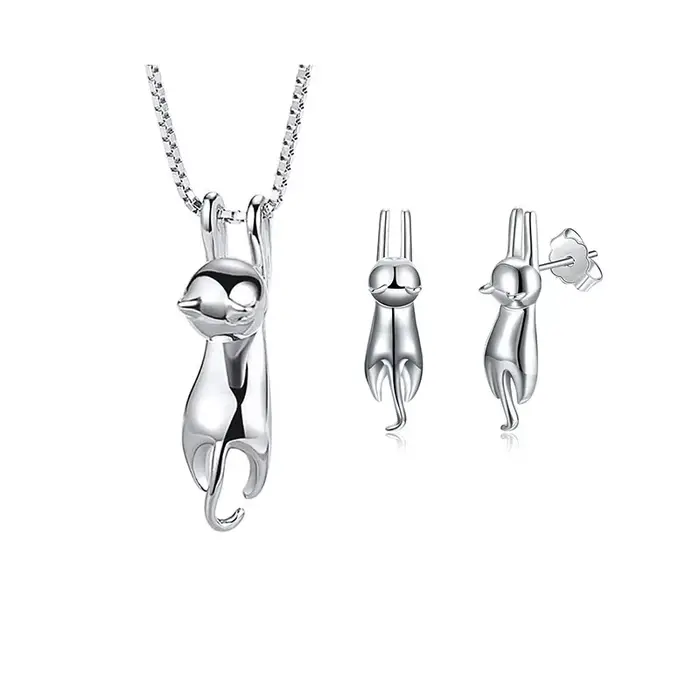 ANENJERY couleur argent élégant mignon chat ensemble de bijoux collier et boucles d'oreilles ensembl