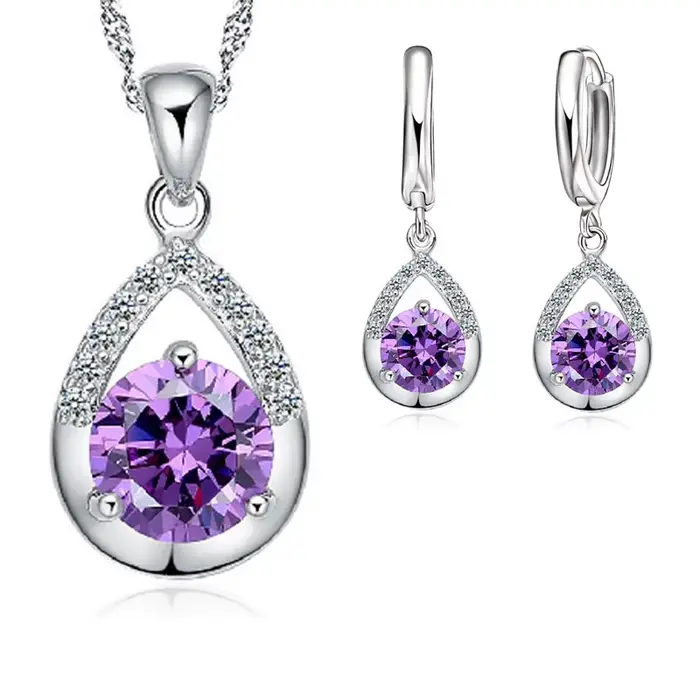 Offre spéciale ensembles de bijoux de mariée 925 en argent Sterling couleur cristal goutte d'eau colliers boucles d'oreilles femmes fête fiançailles