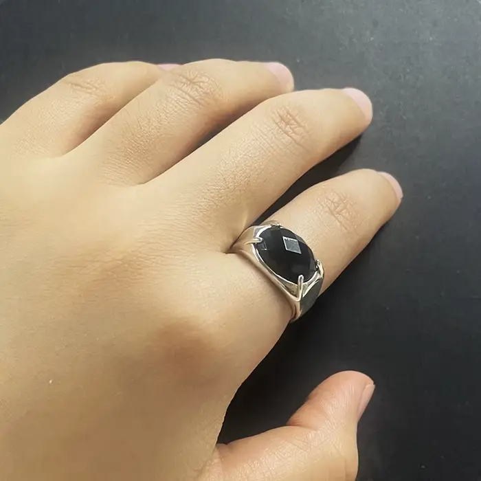 Group Pur 925 Bague En Argent Femmes et Hommes Pierre Naturelle Agate Noire Ovale À Facettes US6-10 Réglable Fine Jewelry