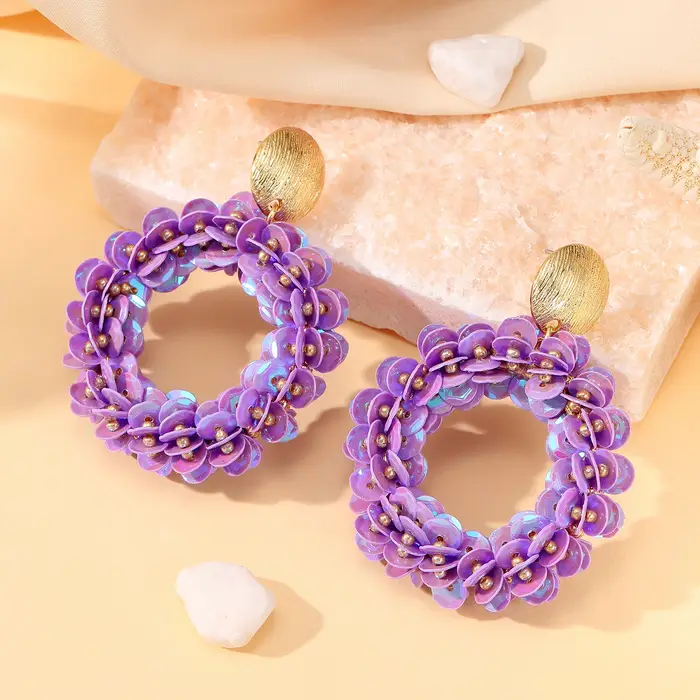 INKDEW paillettes à la main boucles d'oreilles rondes pour les femmes filetage grandes longues boucl