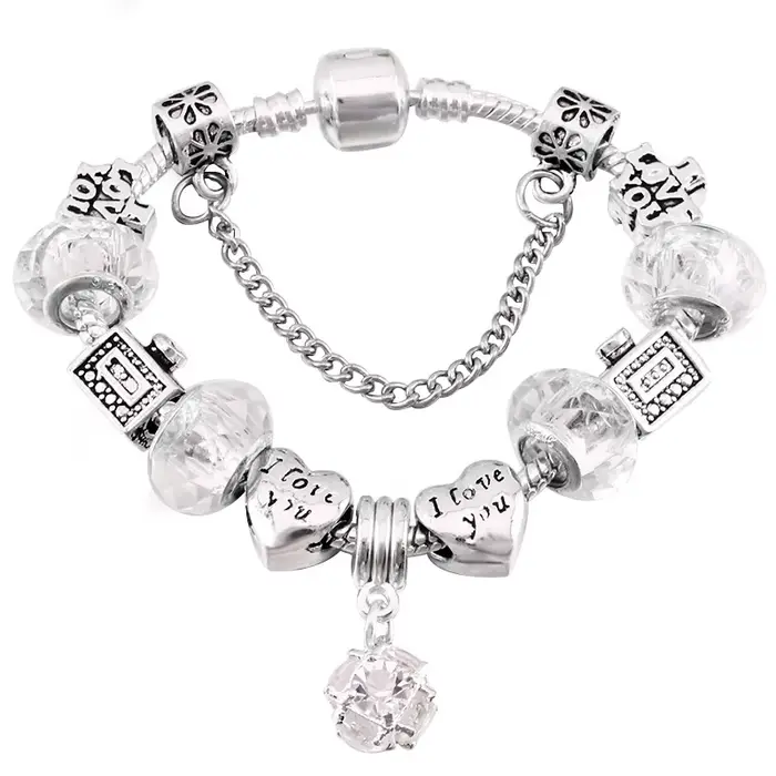Bracelets à breloques pendentif sans fleurs pour femmes, coeur d'amour blanc, perles de cristal, bra