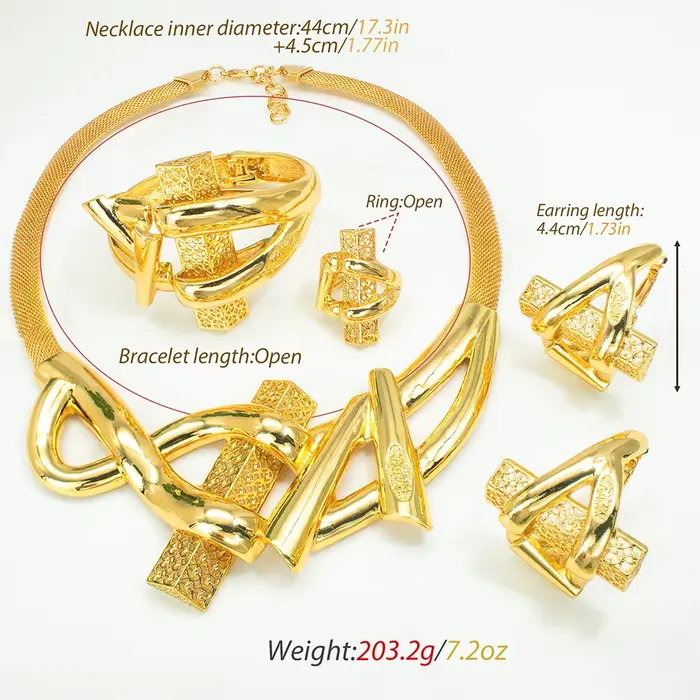 Parure de Bijoux Géométriques de Luxe Plaqué Or 18K Ensemble de Bagues Boucles d'Oreilles Bracelets Colliers pour Femme Occasions Spéciales