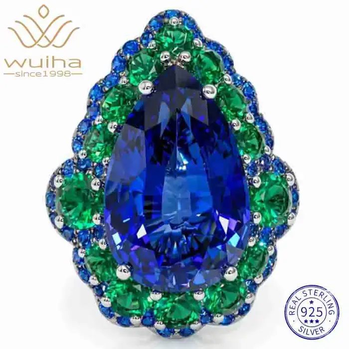 WUIHA – bague de fiançailles en argent Sterling 100% 925, saphir de laboratoire, émeraude, diamants 
