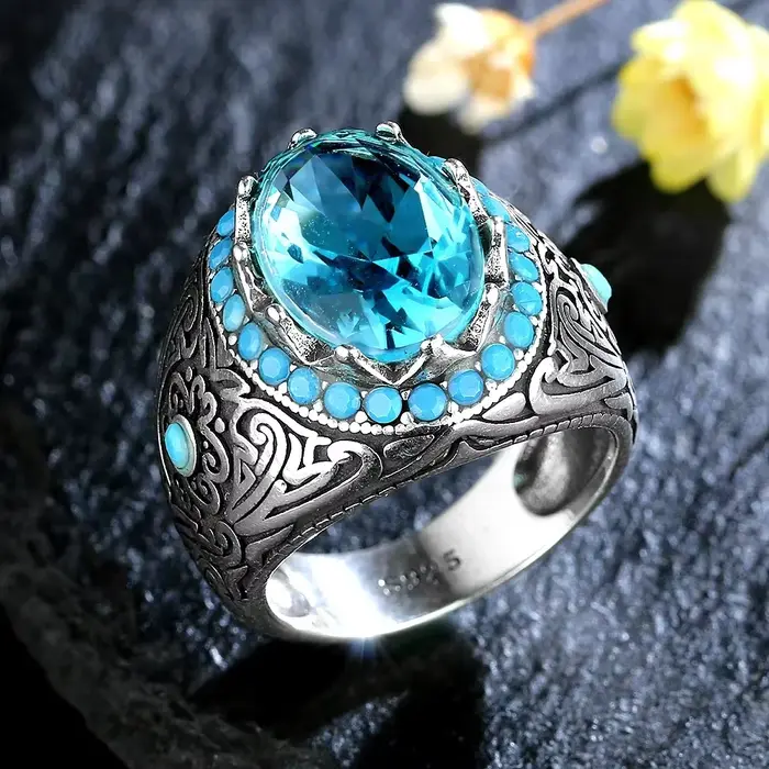 Bague en argent pour hommes et femmes, bague en Zircon bleu, bijoux fins Vintage, aigue-marine, pier