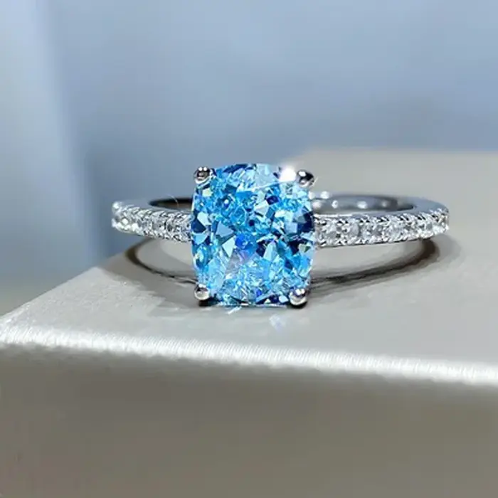 Bagues en argent Sterling 925 avec Zircon carré bleu pour femmes, bijoux fins de luxe pour fiançaill