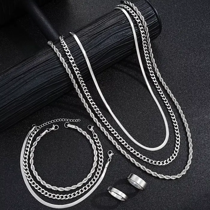 Ensemble de bijoux simples en acier inoxydable pour hommes, couleur argent, unisexe, Punk, Vintage, 