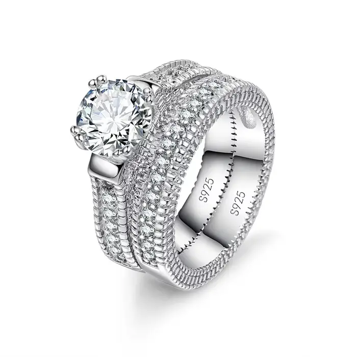 Ensemble de bagues de fiançailles de mariage élégantes, accessoire d'anniversaire de couleur argent 