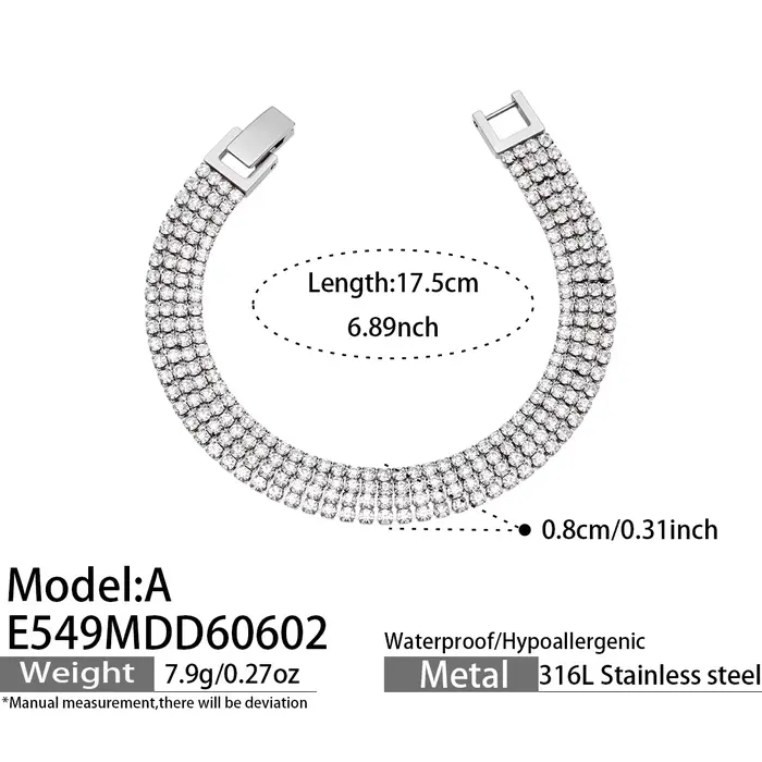 Bracelet tennis multi-rangs en zircon rond, en acier inoxydable 316L, plaqué or 18 carats, fermoir r