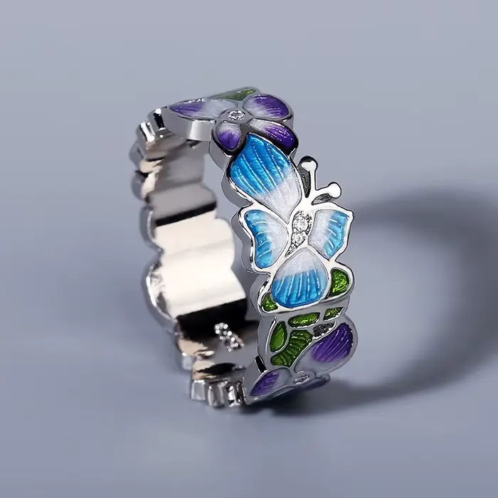 Bague en argent 925 pour femmes, exquise, faite à la main, émail bleu, goutte d'huile, papillon, fle