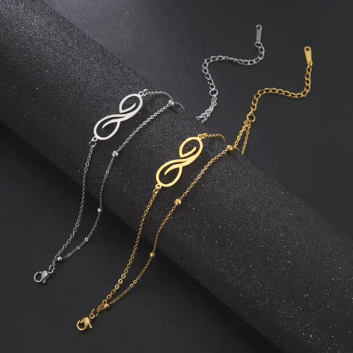 Skyrim – Bracelet symbole infini en acier inoxydable pour femmes, symbole géométrique minimaliste, chaîne de perles Double couche, bijoux cadeau pour Couple