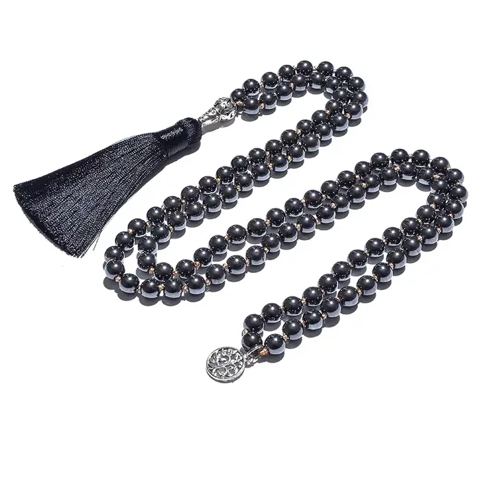 Collier noué en hématite noire de 8 mm, 108 perles, Mala de méditation, bijoux de bénédiction pour le yoga, pour hommes et femmes, Japamala, chapelet