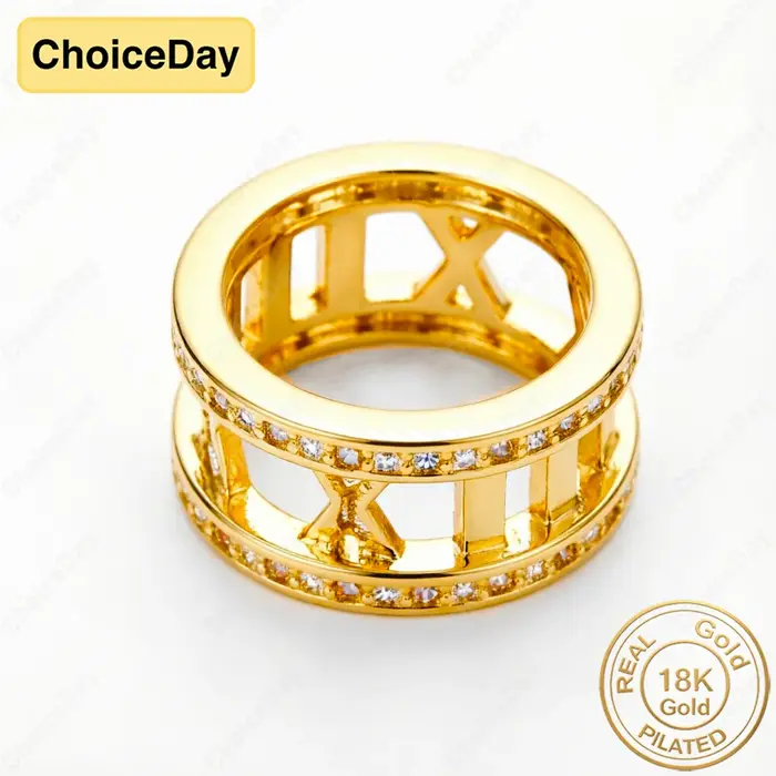 Bague en Zirconium Plaqué Or 18K avec Chiffres Romains pour Femme Occasions Spéciales Alliance de Mariage Élégante