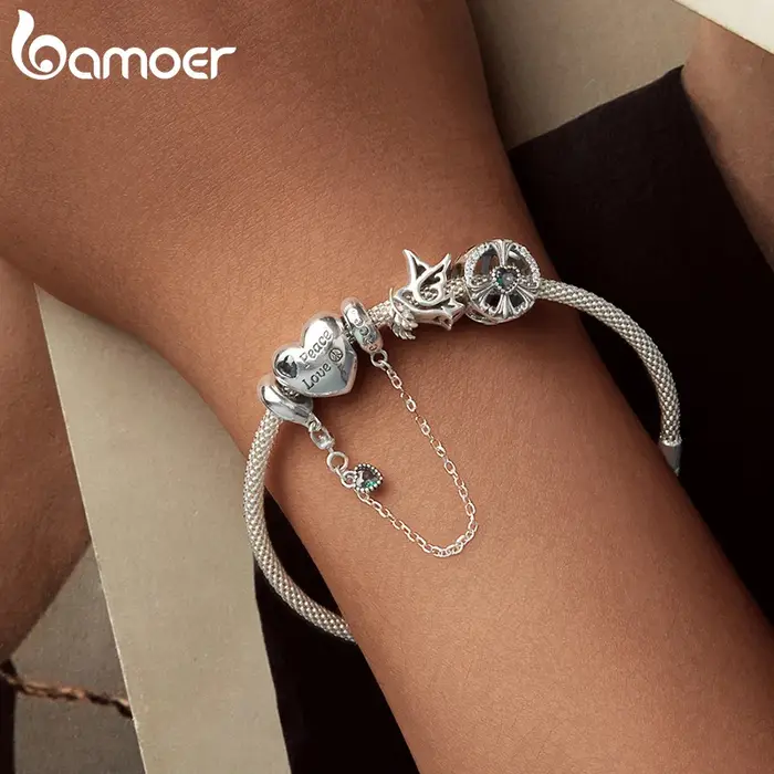 BAMOER Anti-guerre série 925 en argent Sterling colombe de la paix et amour coeur breloque à perles Bracelet Original