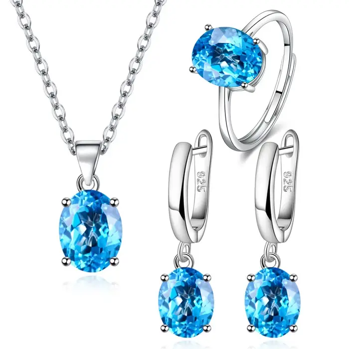 Ensembles de bijoux en argent Sterling 925 pour femmes, bague en Zircon Ellipse, collier, boucles d'