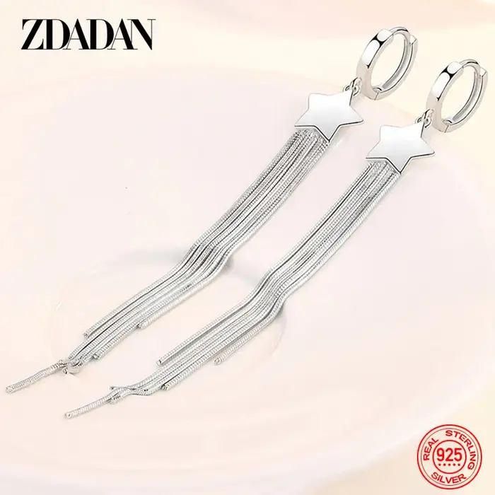 ZDADAN 925 en argent Sterling étoile à cinq branches frangée longues boucles d'oreilles pour les femmes mode fête cadeau de mariage