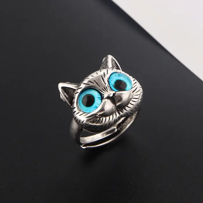 Bague chat en alliage couleur argent pour femmes, anneau réglable à ouverture œil de chat à la mode,