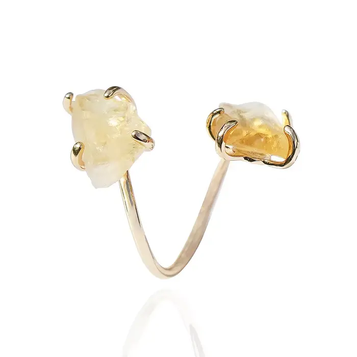 Bague ouverte en citrine irrégulière pour femmes et filles, sertie de griffes, couleur or, style bohème, cristal jaune brut, bijou de doigt ajustable