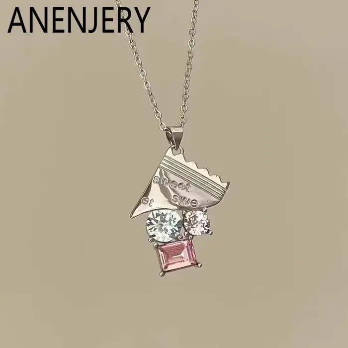 ANENJERY – collier avec pendentif en Zircon rose et bleu pour femmes, chaîne de clavicule, Design de luxe délicat et doux, bijoux cadeaux, vente en gros