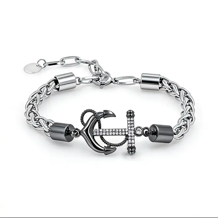 Bracelet ancre en acier inoxydable avec chaîne tressée en zircon cubique