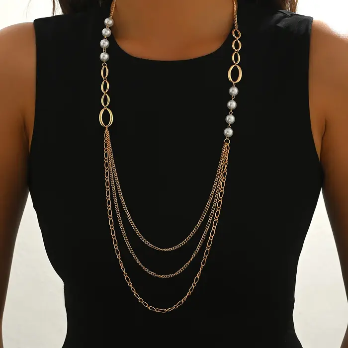 Collier à chaîne de perles multicouches avec pendentif long à franges